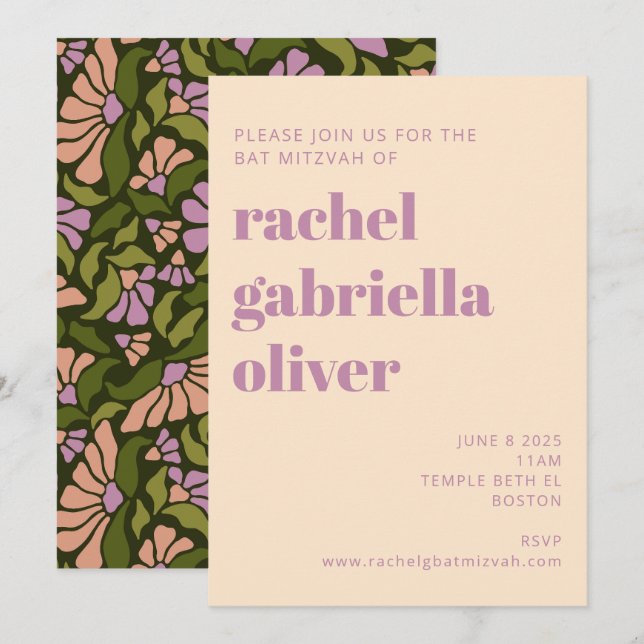 Convite Retro Boho Verde Botânico Groovy Bat Mitzvah (Frente/Verso)