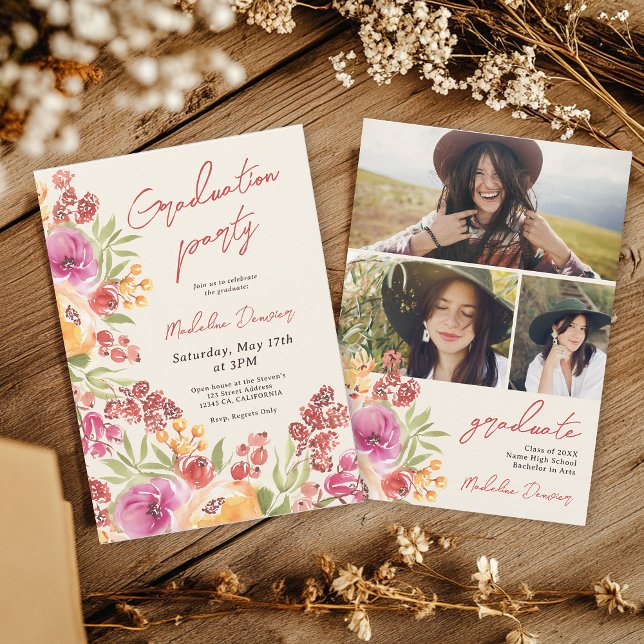 Convite Retro Boho Watercolor Floral 3 fotos Graduação (Retro Boho Watercolor Floral 3 photos Graduation Invitation)