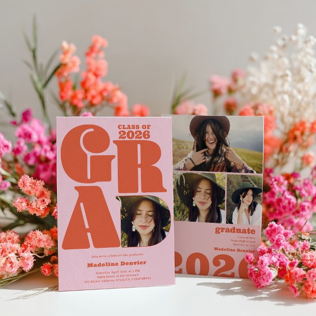 Convite Retro bold oversized Grad 4 photo 2023 graduation (Retro bold oversized Grad 4 photo 2026 graduation Invitation)
