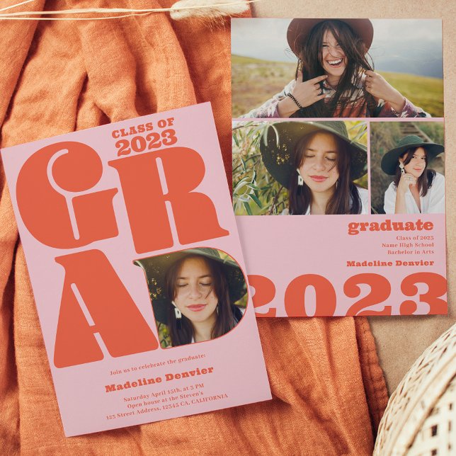 Convite Retro bold oversized Grad 4 photo 2023 graduation (Criador carregado)
