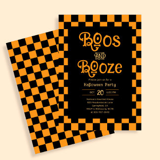 Convite Retro Boos And Booze Halloween Checkered Orange