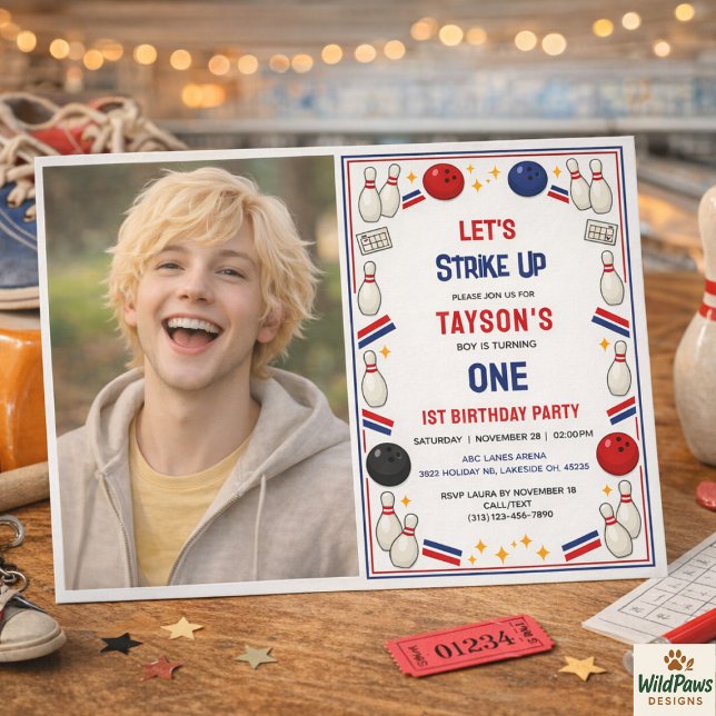 Convite Retro Bowling 1st Birthday Party – Fun Kids  (Retro Bowling 1st Birthday Party – Fun Kids Invitation
)