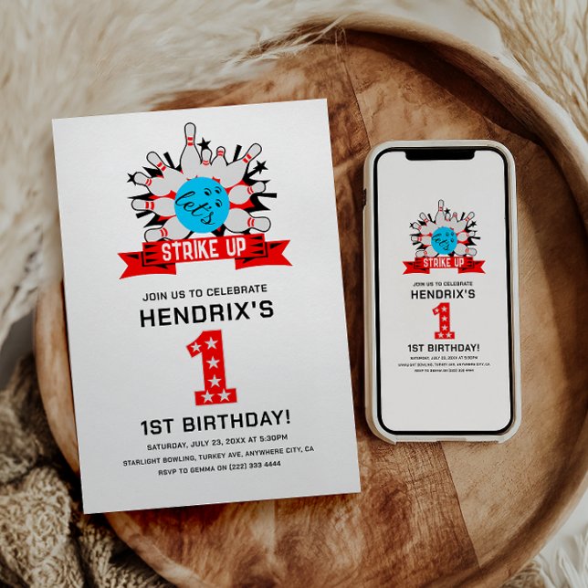 Convite Retro Bowling Kids 1st Birthday Party (Retro Bowling Kids 1st Birthday Party Invitation)