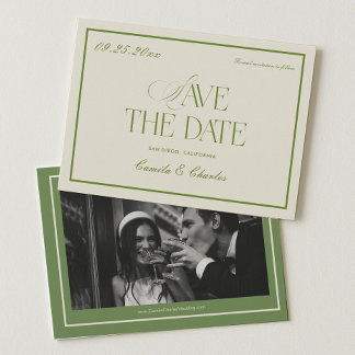 Convite Retro Branco e Verde Casamento Salve a data Foto