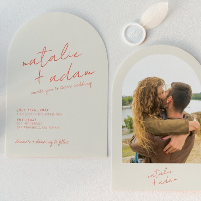 Convite Retro Bright Orange Whimsical Photo Arched Wedding (Criador carregado)