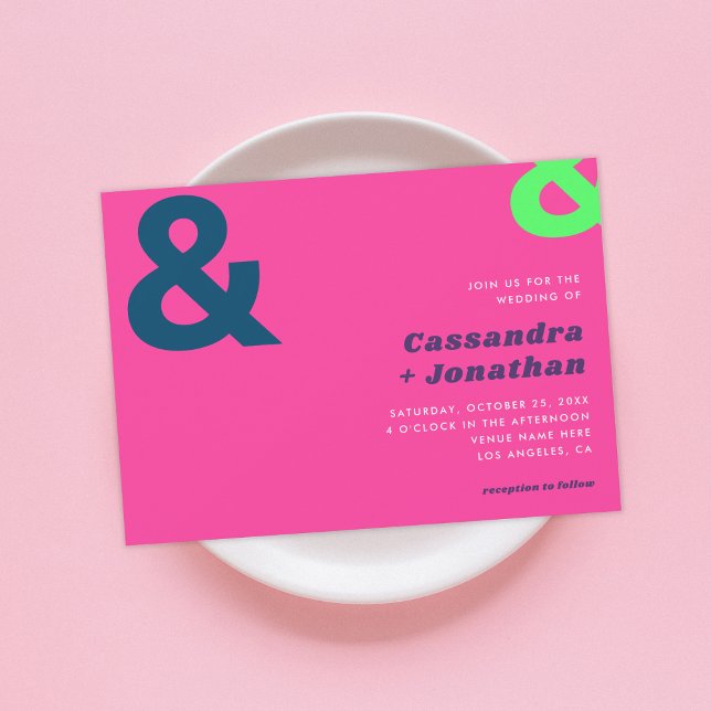Convite Retro Brilhante Rosa Quente | Groovy Ampersand Wed (Criador carregado)