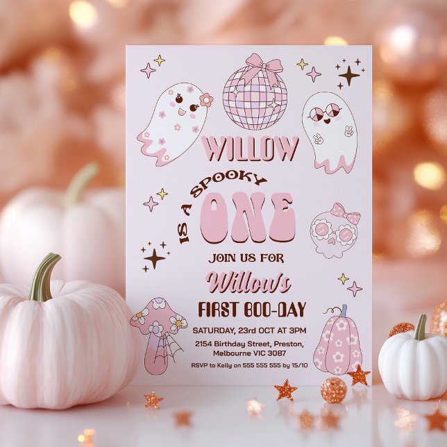 Convite Retro Castanho Rosa, Dia das Bruxas, Spooky, Um pr (Pink Spooky One Birthday Invitation Girl, Groovy Spooky One Birthday Invitation Template, Spooky One)