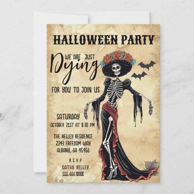 Convite Retro Catrina Skeleton Invite - Festa de Halloween (Frente)