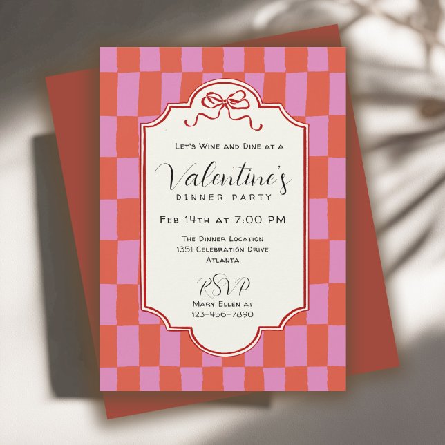Convite Retro Checkerboard Handdrawn Bow Valentine Dinner (Criador carregado)