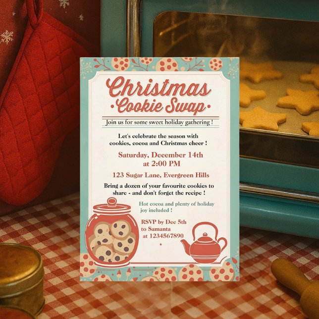 Convite Retro Christmas Cookie Swap Teal & Red (Criador carregado)