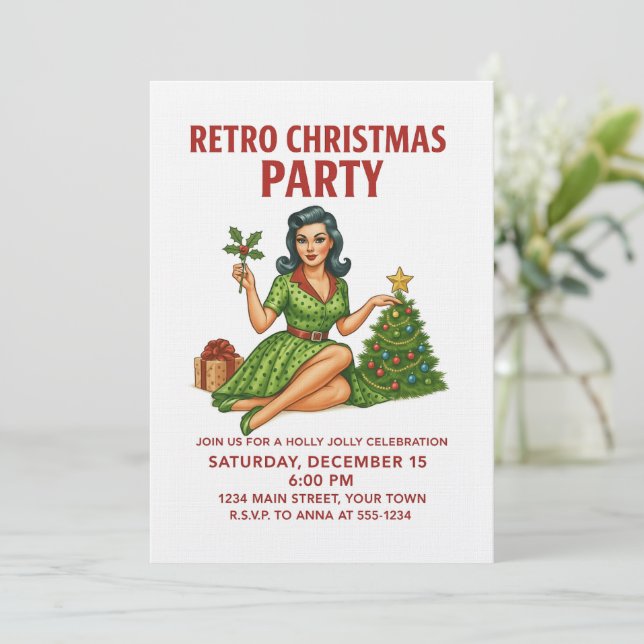Convite Retro Christmas Party Invitation | Vintage Pin-Up  (Em pé/Frente)