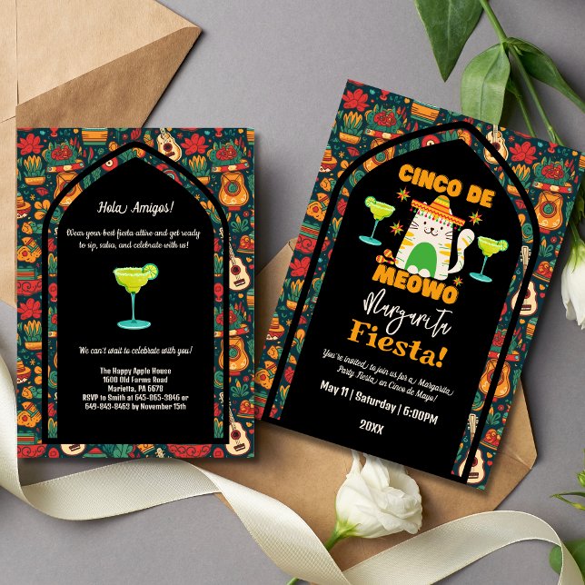 Convite Retro Cinco De Mayo - Gato Bonito Margarita Fiesta (Criador carregado)