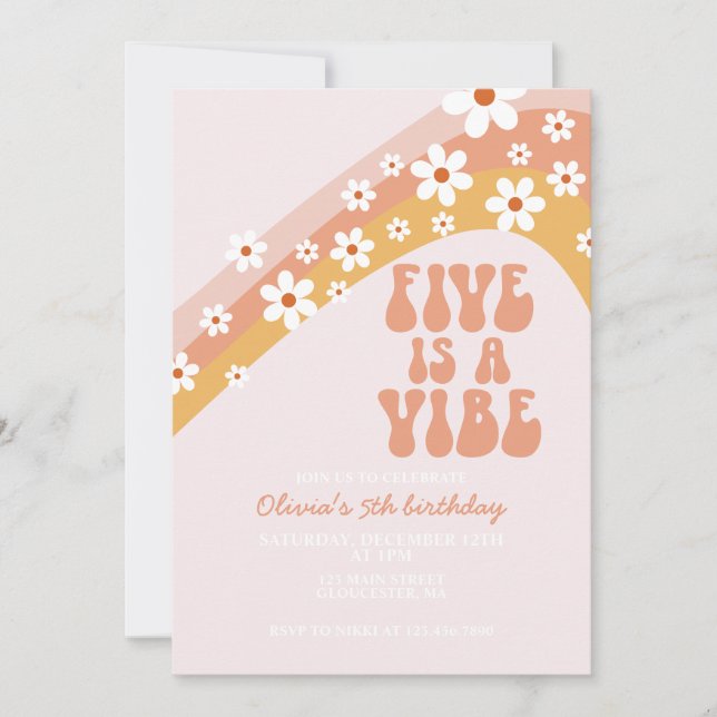 Convite Retro Cinco é um aniversário de 5 da margarida Vib (Frente)