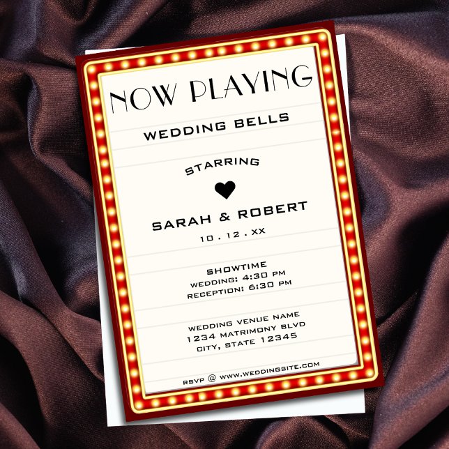 Convite Retro Cinema Theater - Sinal de Casamento Vermelho (Retro Cinema Theater Marquee Sign Red Wedding Invitation
)