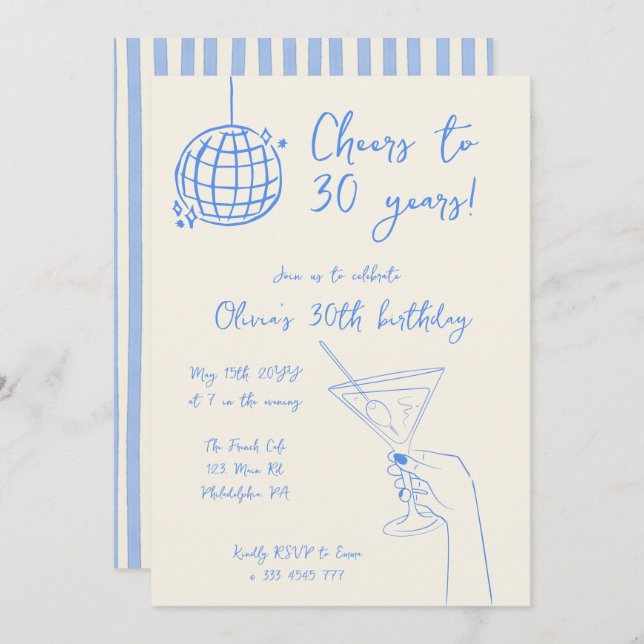 Convite Retro Cocktail Birthday Party striped invitation (Frente/Verso)