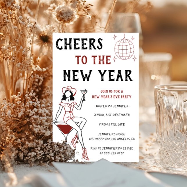 Convite Retro Cocktail Girl Cheers to the New Year Party  (Criador carregado)