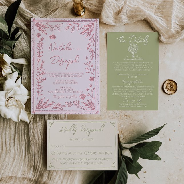 Convite Retro Colorful Hand Drawn Floral Garden Wedding (Criador carregado)