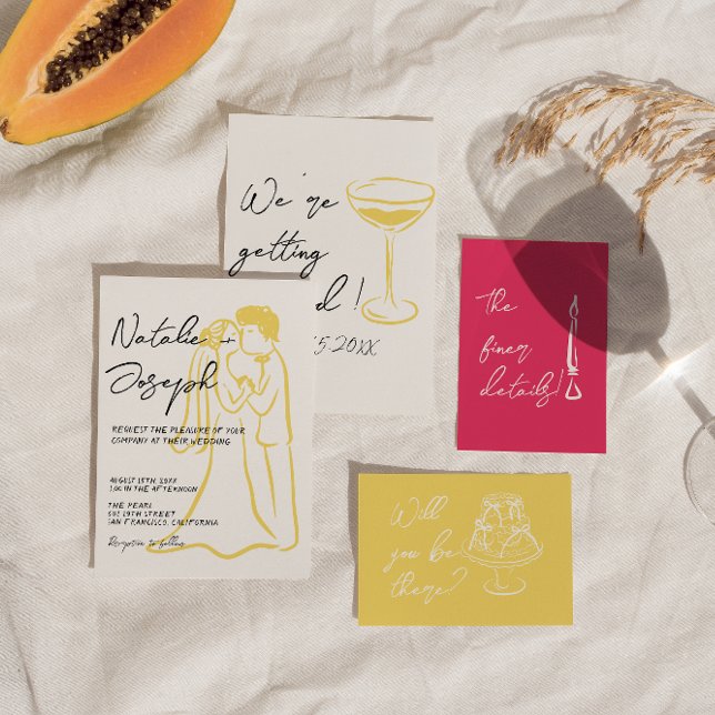 Convite Retro Colorful Hand Drawn Unique Modern Wedding (Criador carregado)