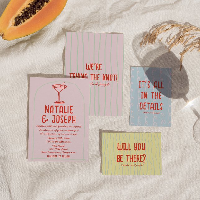 Convite Retro Colorida Drawn Martini Quirky Casamento (Criador carregado)