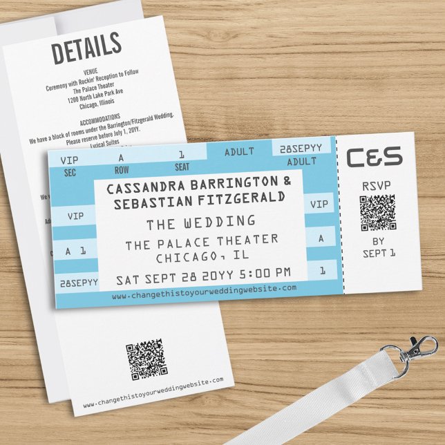Convite Retro Concert Ticket All-in-One Blue Wedding (Custom concert ticket all-in-one wedding invites for your music theme wedding)