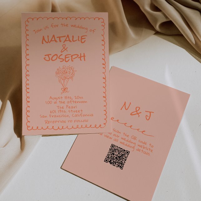 Convite Retro Coral Hand Drawn QR Code Quirky Wedding (Criador carregado)
