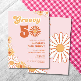 Convite Retro Daisy Boho Laranja Rosa Aniversário de 50 an
