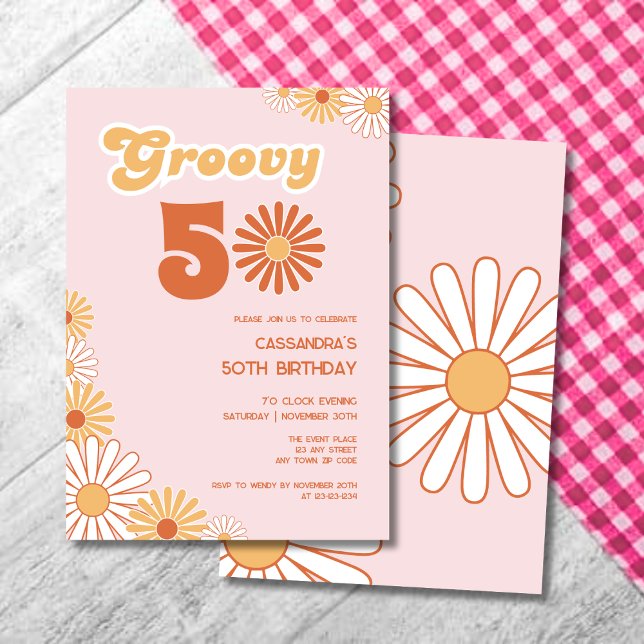Convite Retro Daisy Boho Laranja Rosa Aniversário de 50 an (Criador carregado)