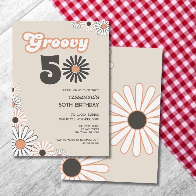 Convite Retro Daisy Boho Terracotta Natural 50º Aniversári (Criador carregado)
