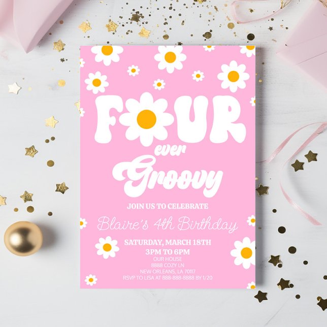 Convite Retro Daisy Four Ever Groovy 4ª Festa de Aniversár (Criador carregado)