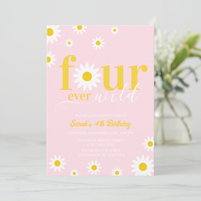 Convite Retro Daisy Four Ever Wild Pink 4th Birthday (Em pé/Frente)
