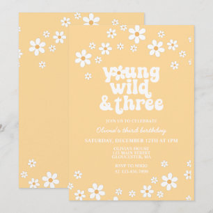 Convite Retro Daisy Jovem Selvagem Três amarelos 3º aniver