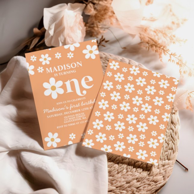 Convite Retro Daisy One Floral primeiro aniversario Convit (Criador carregado)