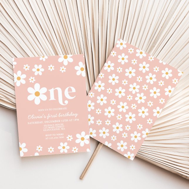 Convite Retro Daisy One Floral primeiro aniversario Convit (Criador carregado)