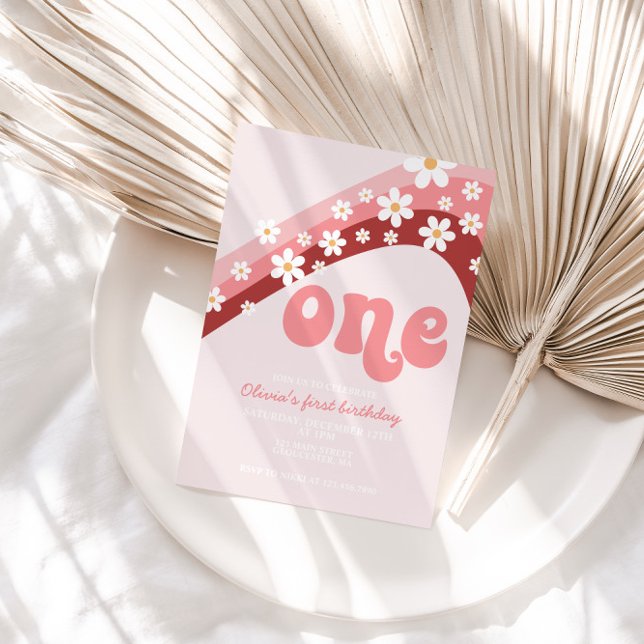 Convite Retro Daisy Pink Primeiro Aniversário do Arco-Íris (Criador carregado)