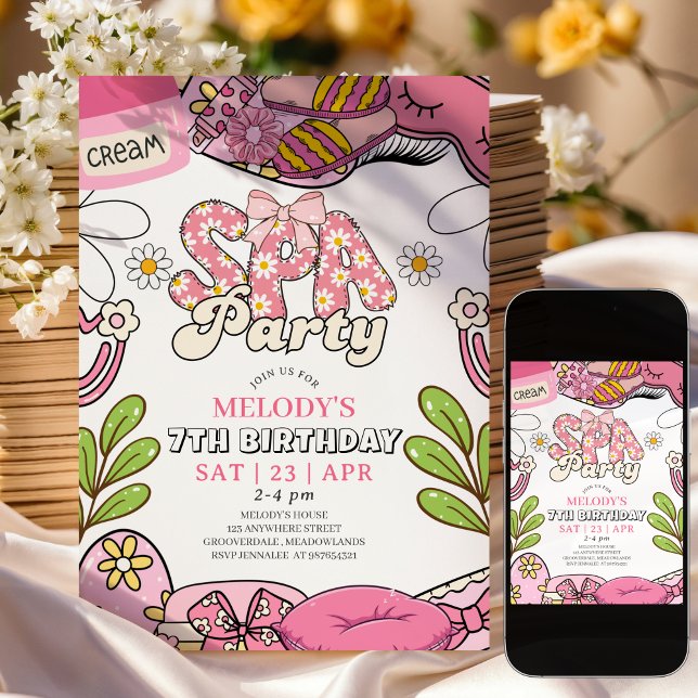 Convite Retro Daisy Spa Party Birthday Invitation (Criador carregado)