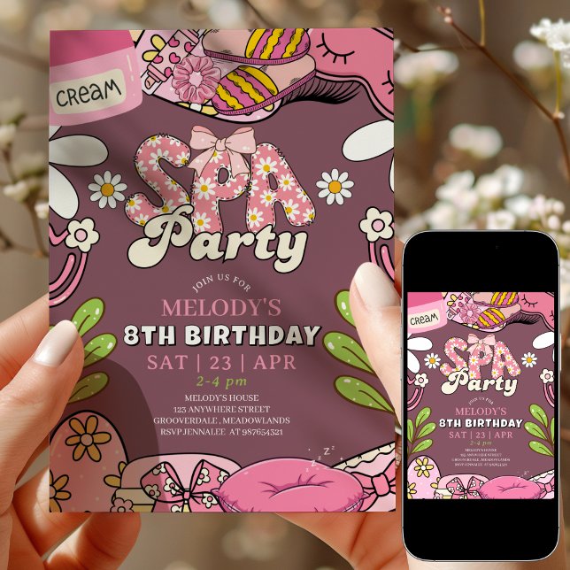 Convite Retro Daisy Spa Party Birthday Invitation Maroon (Criador carregado)