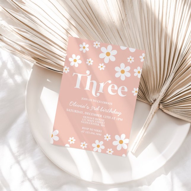 Convite Retro Daisy THREE Floral aniversário de 3 anos Con (Criador carregado)