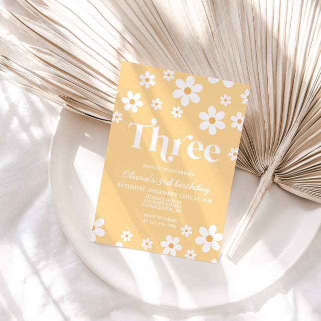 Convite Retro Daisy THREE Floral aniversário de 3 anos Con (Criador carregado)