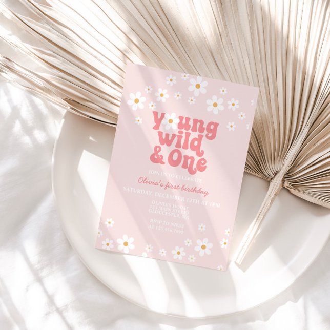 Convite Retro Daisy Young Wild One Floral primeiro anivers (Criador carregado)