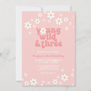 Convite Retro Daisy Young Wild Três aniversário de 3 anos