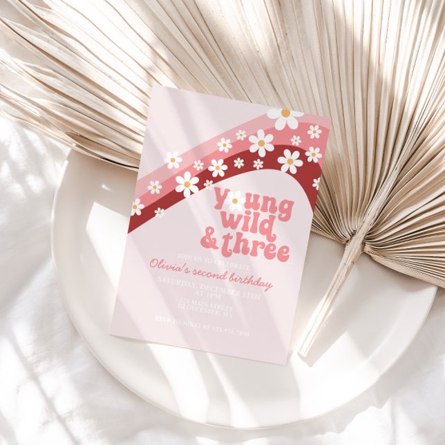Convite Retro Daisy Young Wild Três florais, terceiro aniv (Criador carregado)