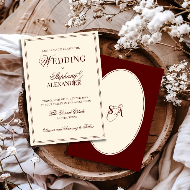 Convite Retro Deep Burgundy Ivory Oval Old Money Wedding  (Criador carregado)
