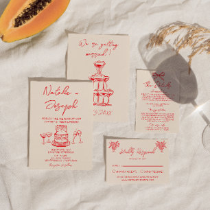 Convite Retro Desenhado à Mão Bolo Vermelho Casamento Excê