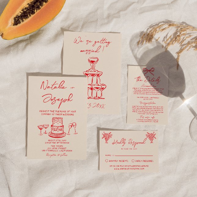 Convite Retro Desenhado à Mão Bolo Vermelho Casamento Excê (Criador carregado)