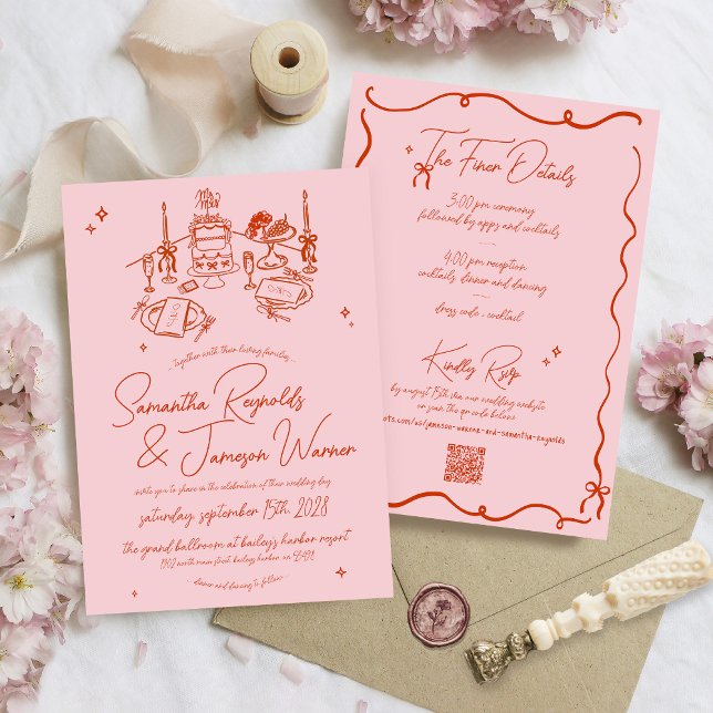 Convite Retrô Desenhado à Mão Escrivível Cor-de-rosa e Cas (Unique pink and red retro modern funky whimsical modern elegant hand drawn qr code wedding invite)