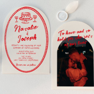 Convite Retro Desenhado à Mão Vermelho Foto Arqueada Única