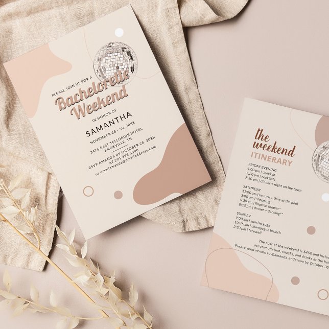 Convite Retro Disco 70s Bachelorette Weekend Itinerário (Disco Bachelorette Invitation with Weekend Itinerary)