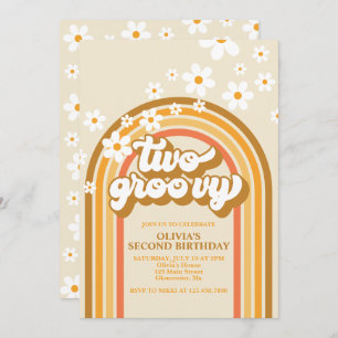 Convite Retro Dois GroovY Rainbow Brown Orange Birthday