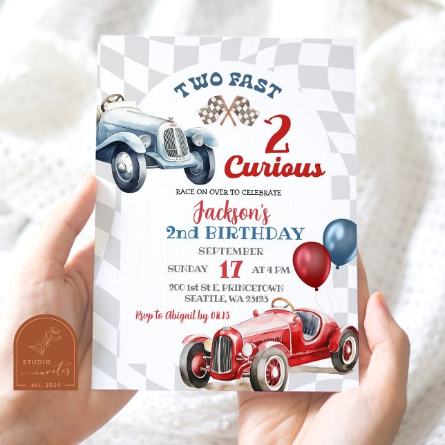 Convite Retro Dois Rápidos 2 Curioso Carro de Corrida Meni (Criador carregado)