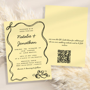 Convite Retro Doodle Cisnes Código QR Casamento Amarelo Pr